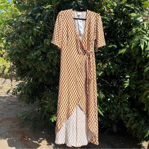 NWT SILK & SALT white brown pink geo print short sleeve wrap maxi dress